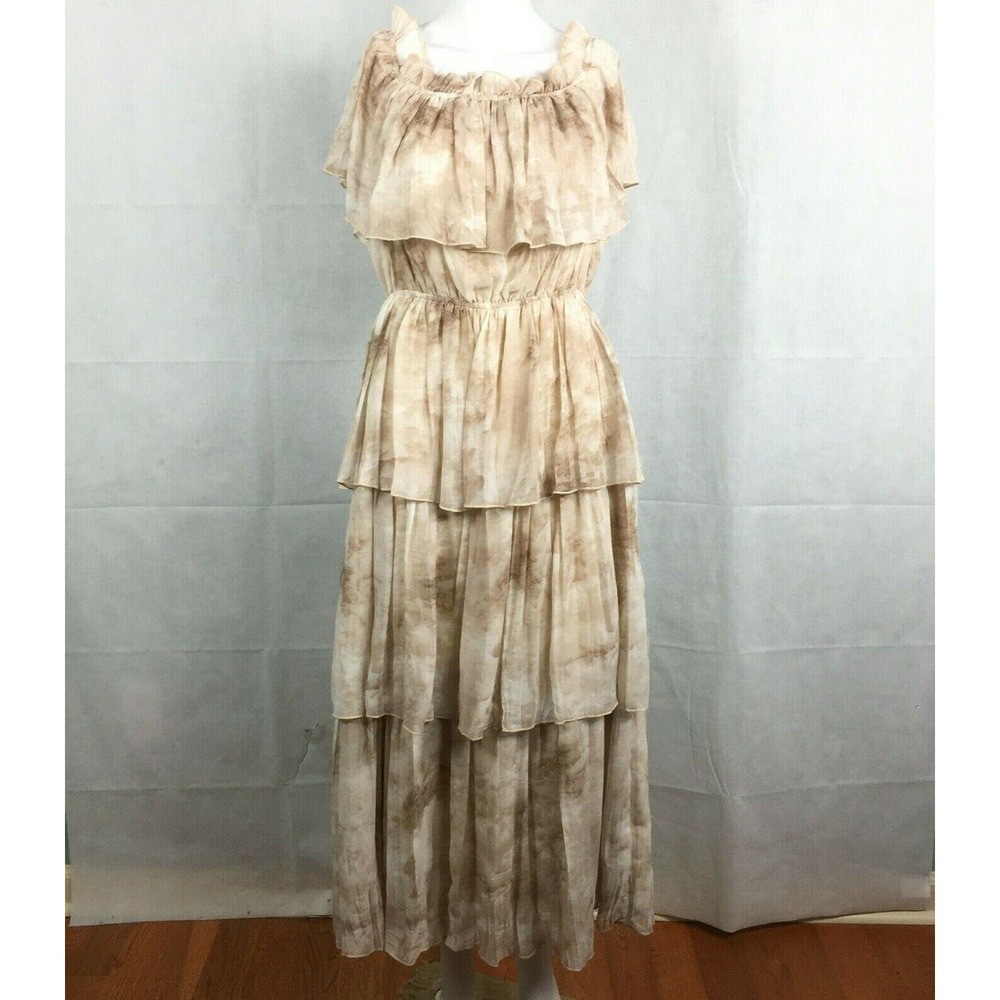 La Ven Dress Womens Sz M Tan Beige Layered Chiffon Maxi Gypsy Tieredā